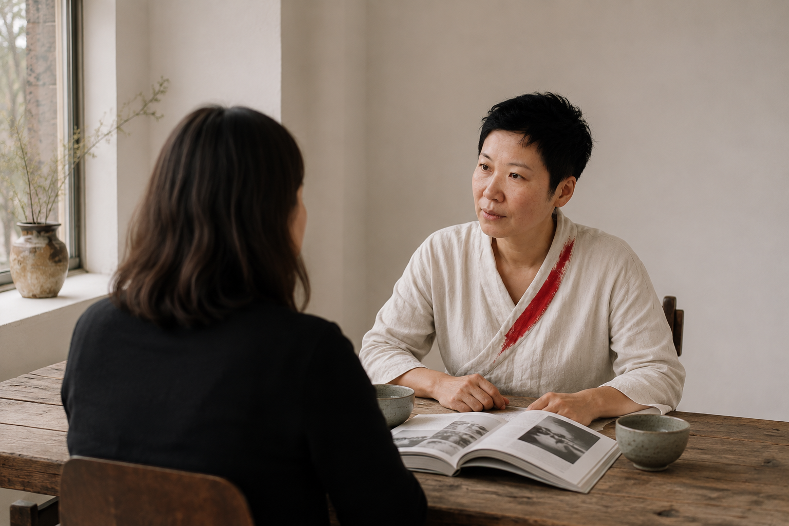 Quynh seated across a raw timber gallery table from a cultural-institution lead, two ceramic tea bowls and a single open book between them, soft natural daylight from a large window