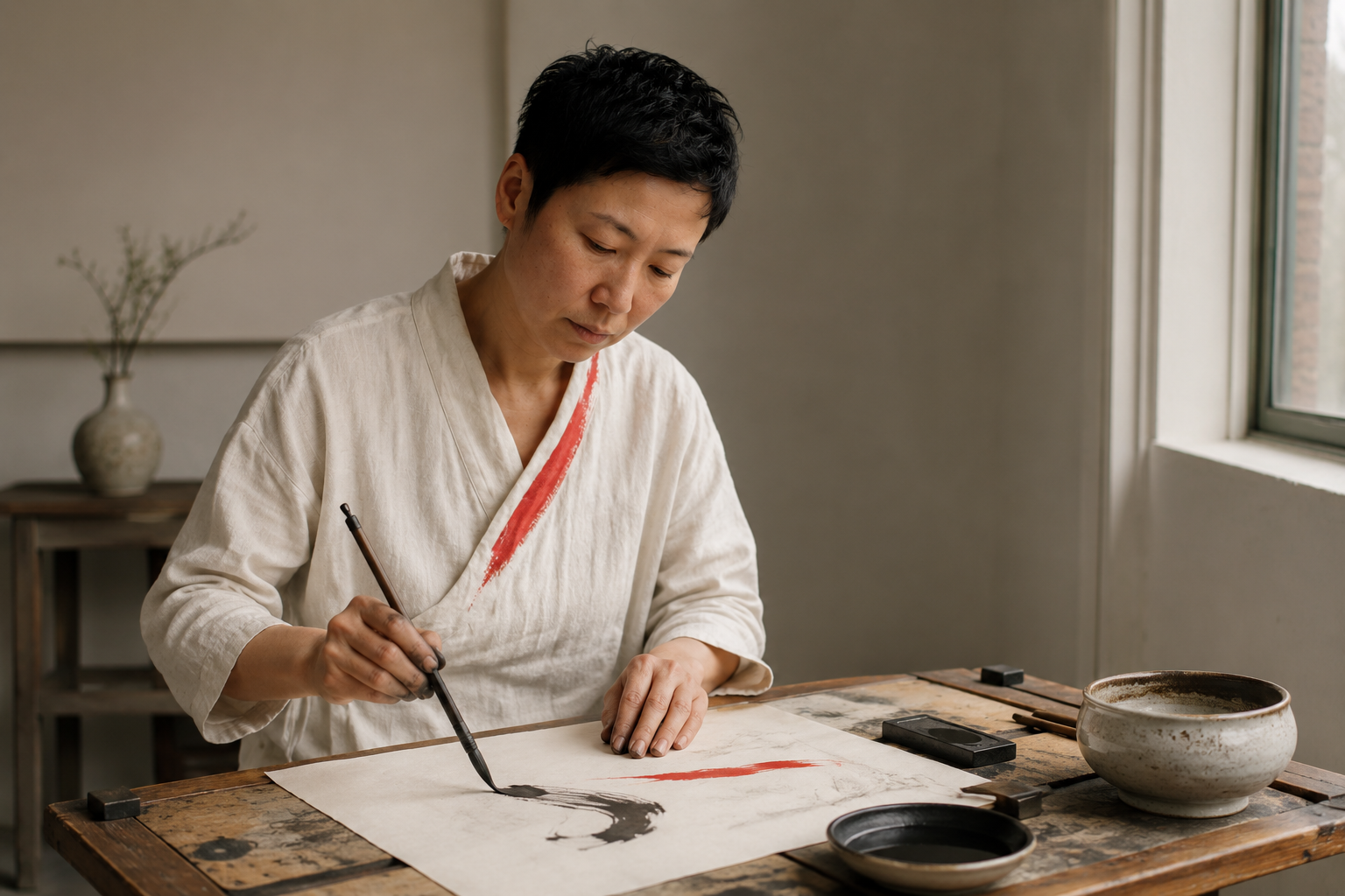 Quynh at a vintage drafting table mid-stroke with sumi ink brush on washi paper, ink stone and water bowl beside, single vermillion brush-mark visible on the paper as the only colour