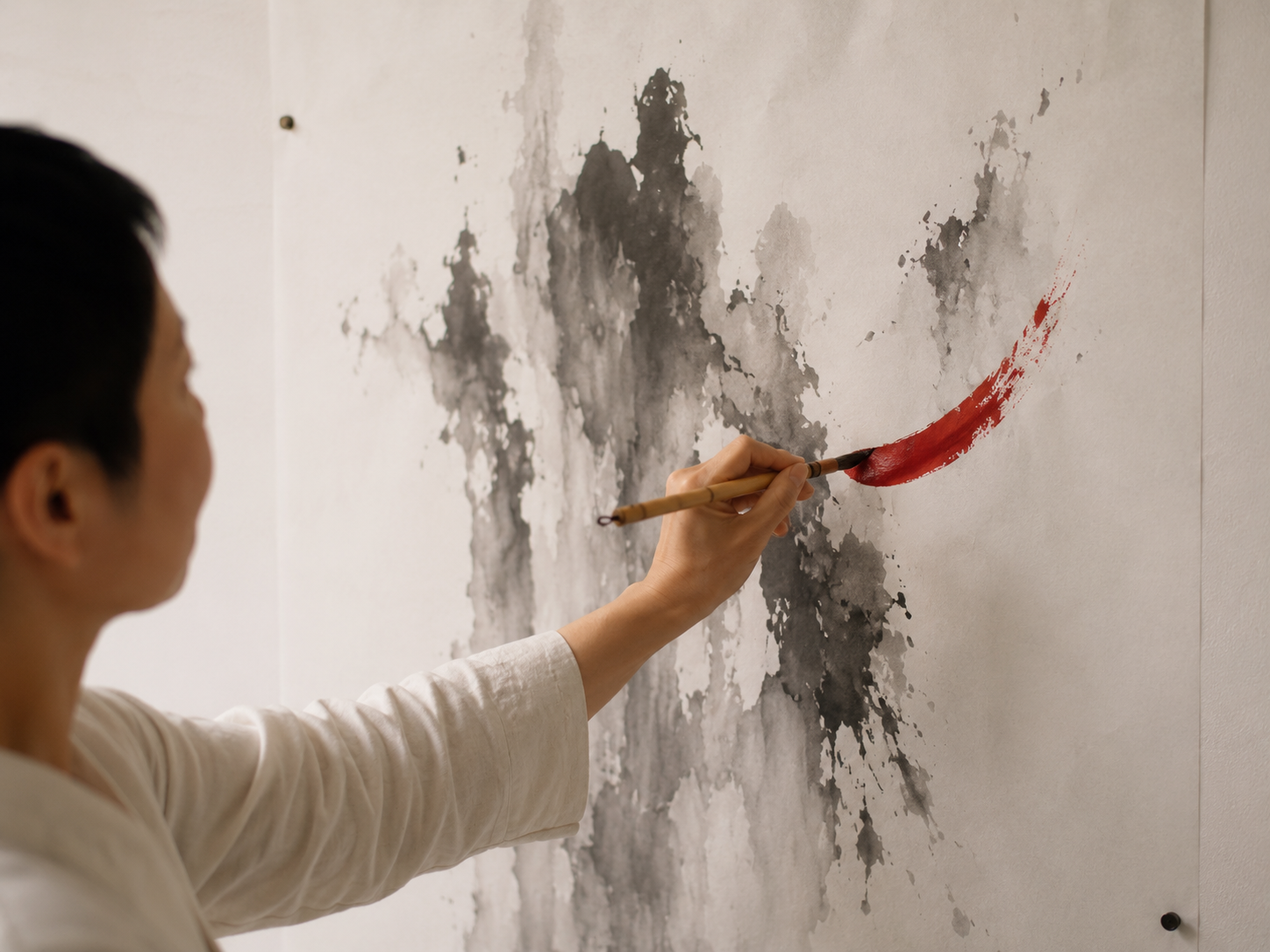 Hands holding sumi ink brush mid-stroke on a large washi paper sheet pinned to a bone wall, slow contemplative gesture, single vermillion mark mid-form
