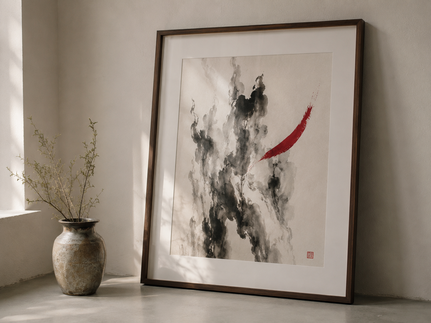 Finished art-print framed and leaned against a bone wall, abstract sumi-ink piece with vermillion accent, small natural window-light wash on the print